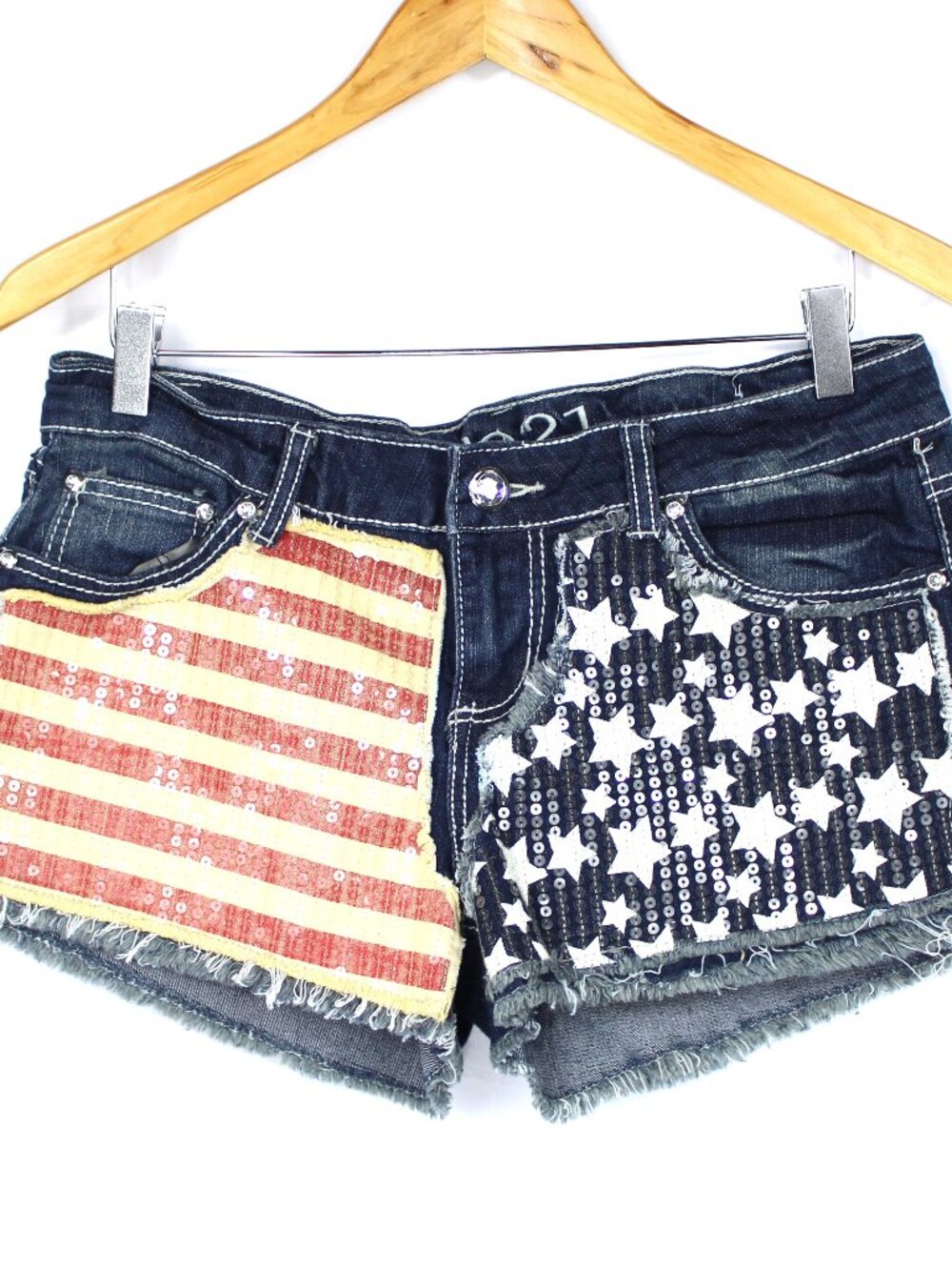 Rue21 Stars & Stripes American Flag Sequin Raw Hem Denim Jean Shorts SZ 9/10 Jr